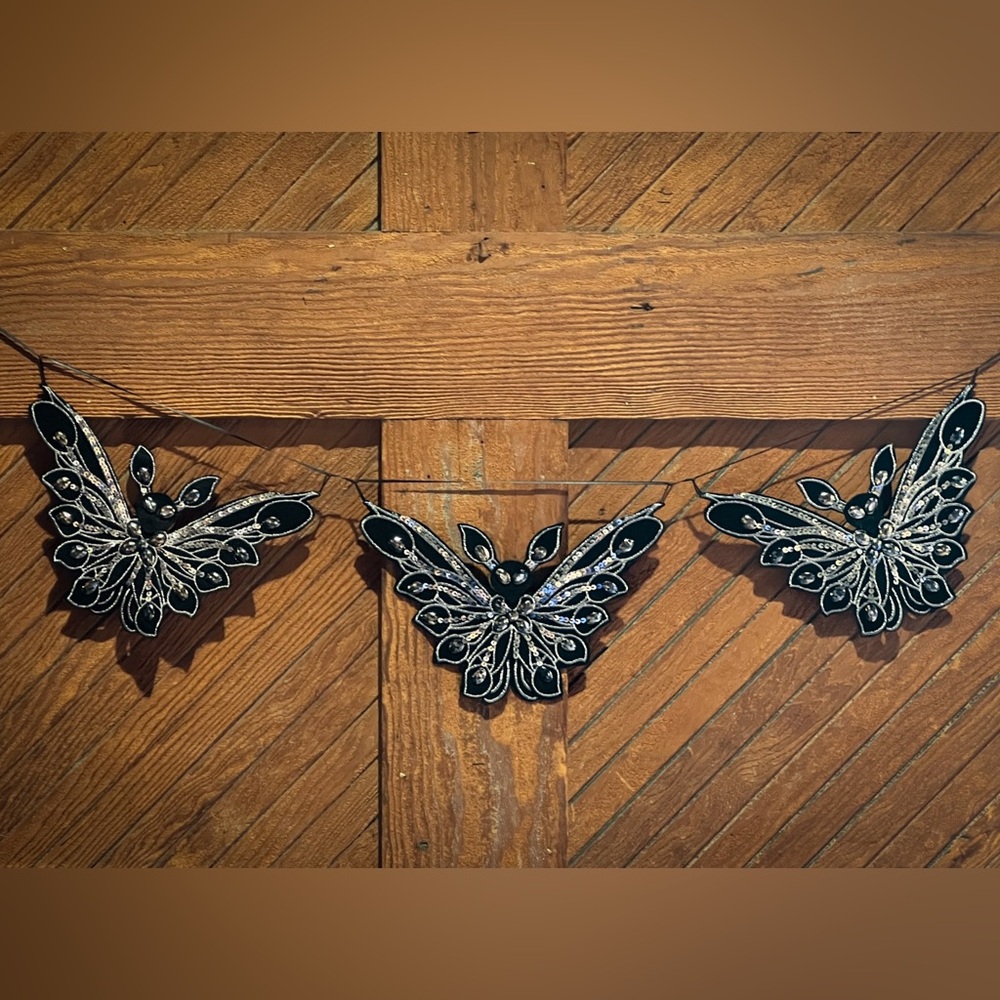 Handmade Halloween Bat Garland, sparkly sequined, jeweled, art deco wall hanging